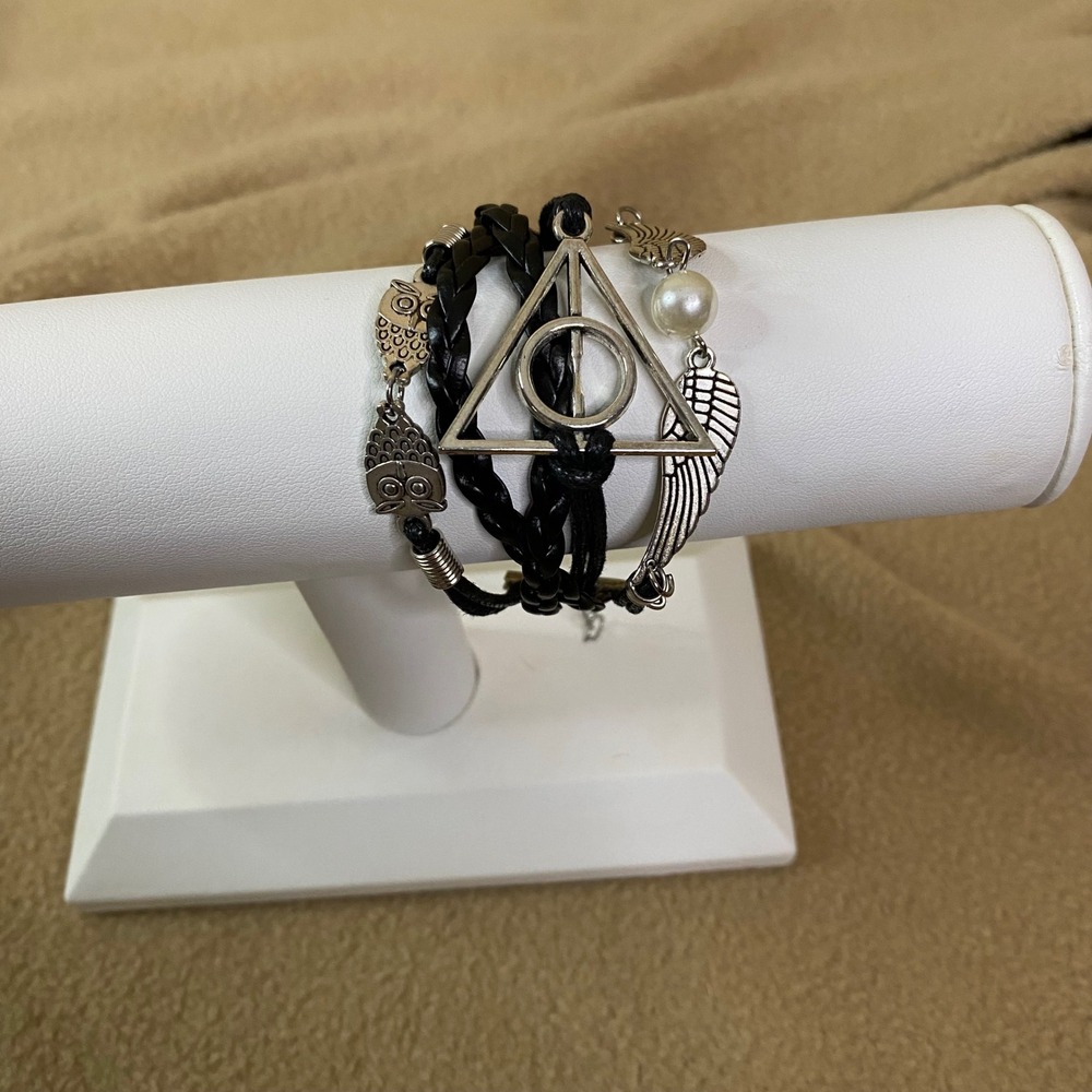 Harry Potter Deathly Hallows Owl Wing Pearl Charm Bracelet Unisex Adjustable 8in